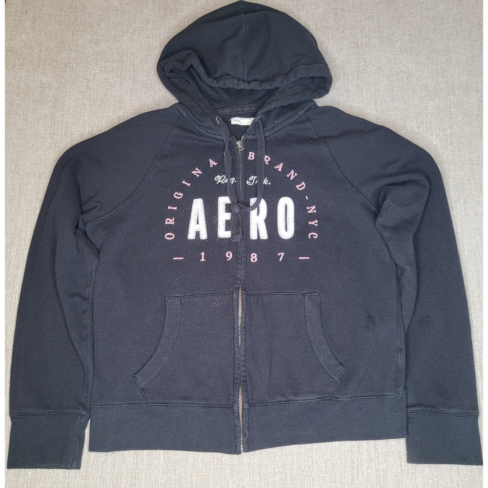 Aeropostale Full Zip Hoodie Women L Black Graphic Logo Y2K Casual